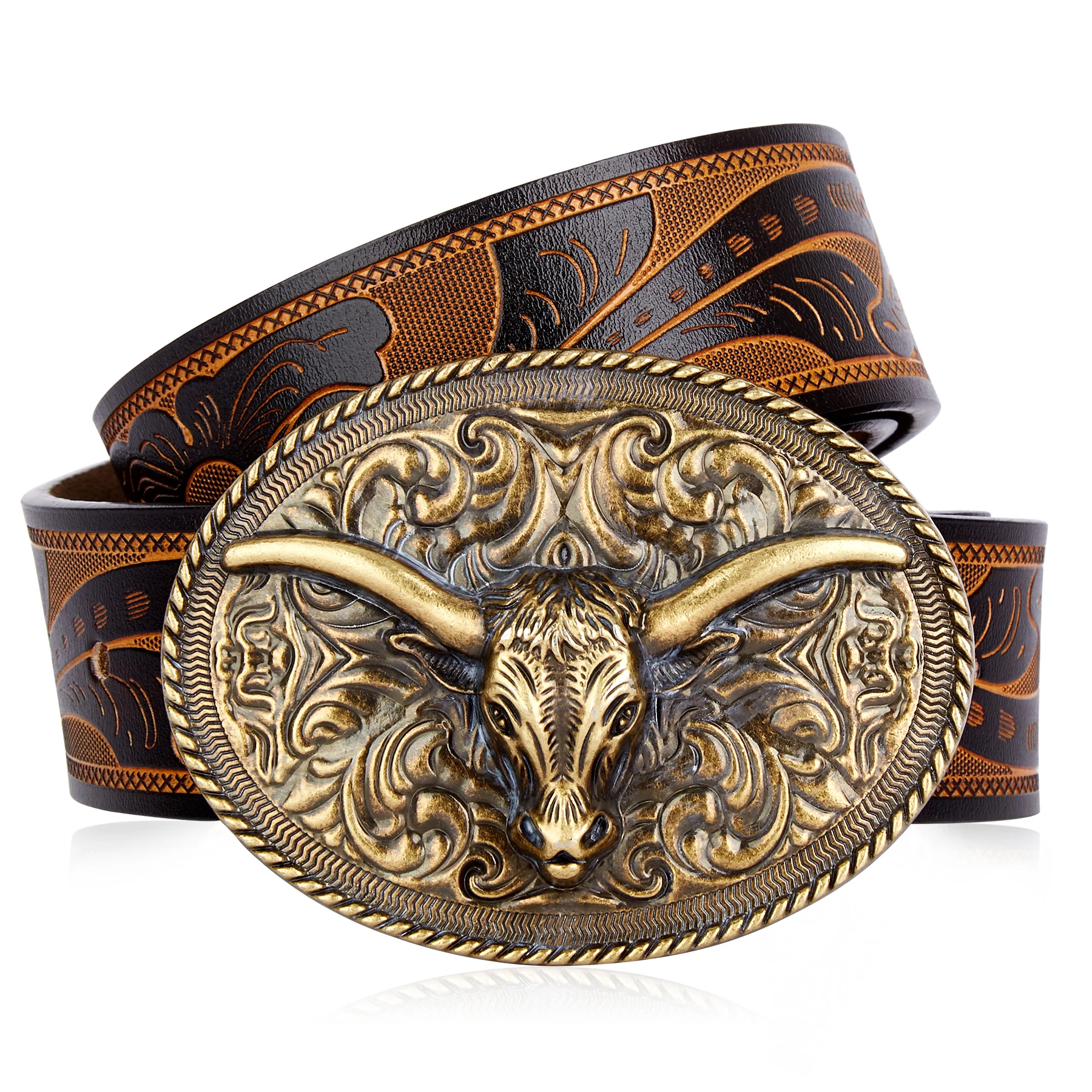 

BISON DENIM Vintage Men's Belts Genuine Leather Cowhide Western Cowboy Embossed Longhorn Bull Buckle Belt Casual Waist Straps