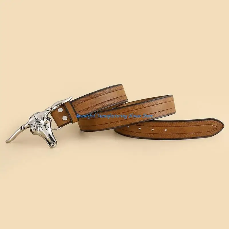 

E56A PU-Leather Teens Man Cowboy Belt Adjustable Waist Belt for Trousers Non-slip