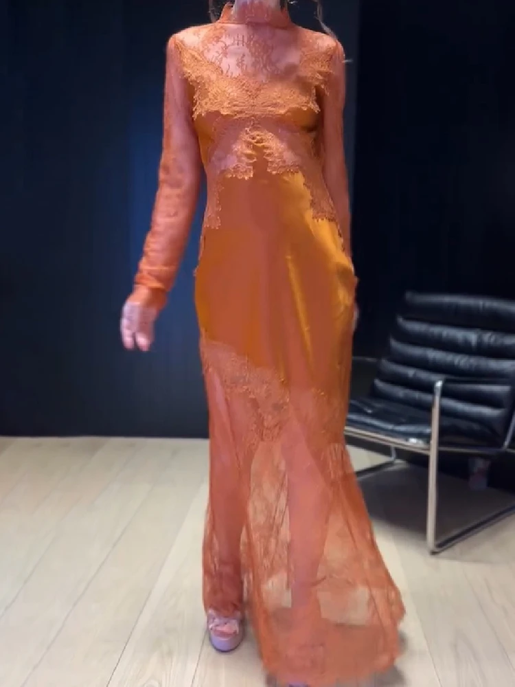 Spitzen-Maxikleid mit Stehkragen für Damen, transparente Spitzenüberlage, Satinfutter, lange Ärmel, Meerjungfrauen-Saum, elegantes formelles Damenkleid – Detail 4