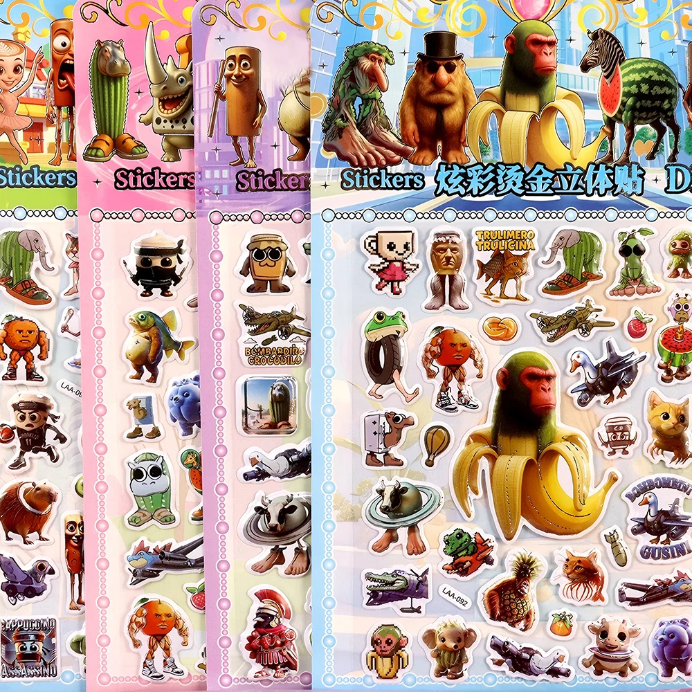 1/8pcs Double 3D Tung Tung Sahur Bubble Stickers Funny Italian Brainrot Abstract Animal Decals Laptop Phone Decoration Sticker
