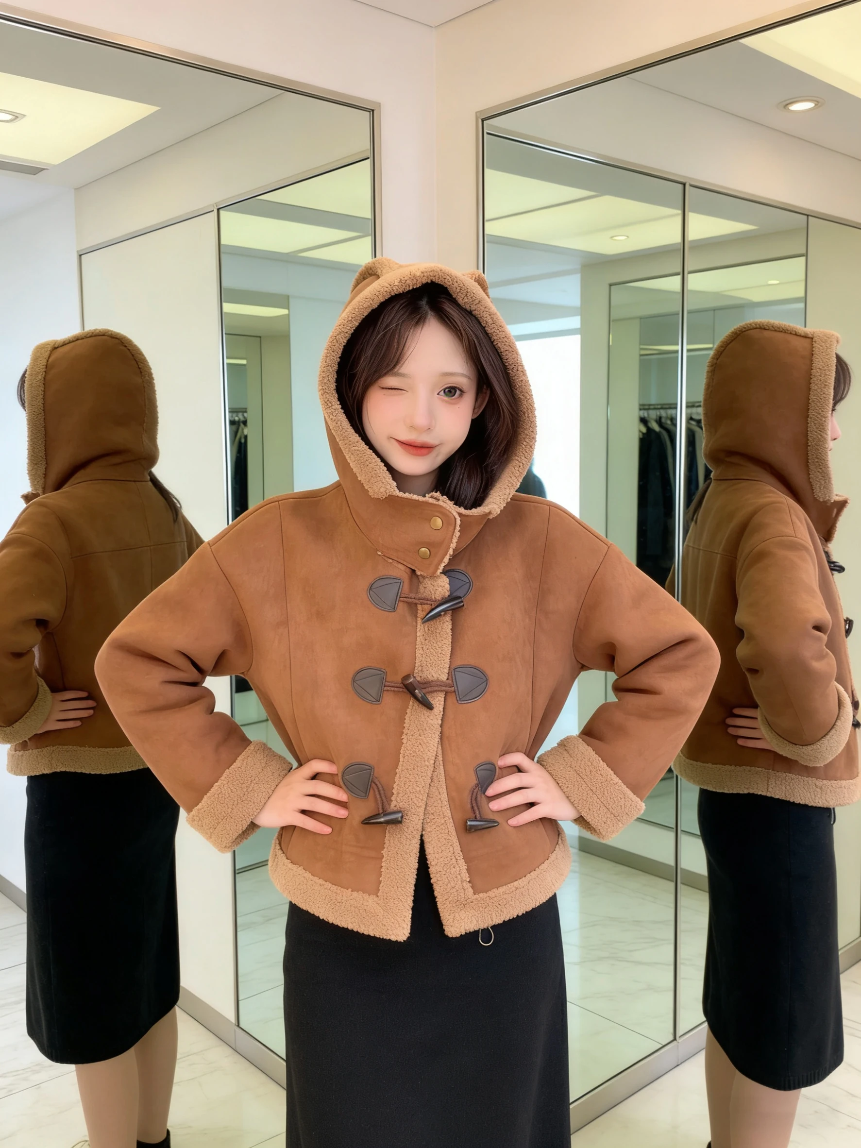 Casaco de inverno retrô de pele sintética de couro de cordeiro Jaet feminino premium ort Thi com capuz e fecho de botão longo cor sve