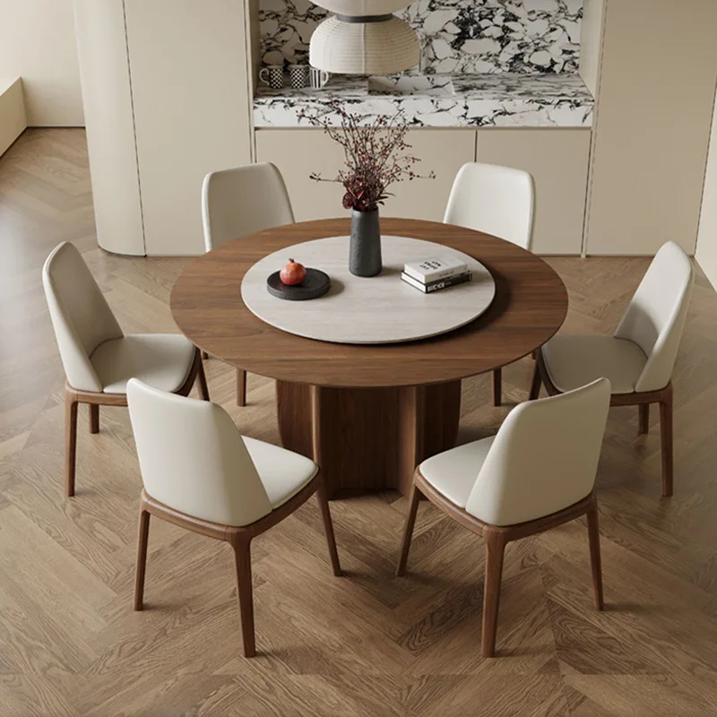 French retro style solid wood travertine rock slab round dining table and chair combination household ash wood walnut round dini