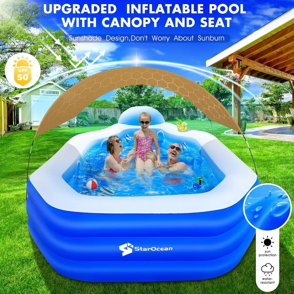 Inflatable Pool with Canopy,2024 Large Inflatable Swimming Pool for Kids,Adult,BlowUp Pool With Seats,Backrest