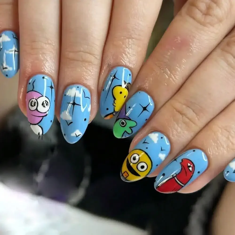 

24pc Cute Cartoon Press On Nails, Almond Shape Blue Sky Fake Nails With Funny Character Pattern, Reusable Glossy False Nails For Women Girls Daily Party Wear, DIY Manicure Decor