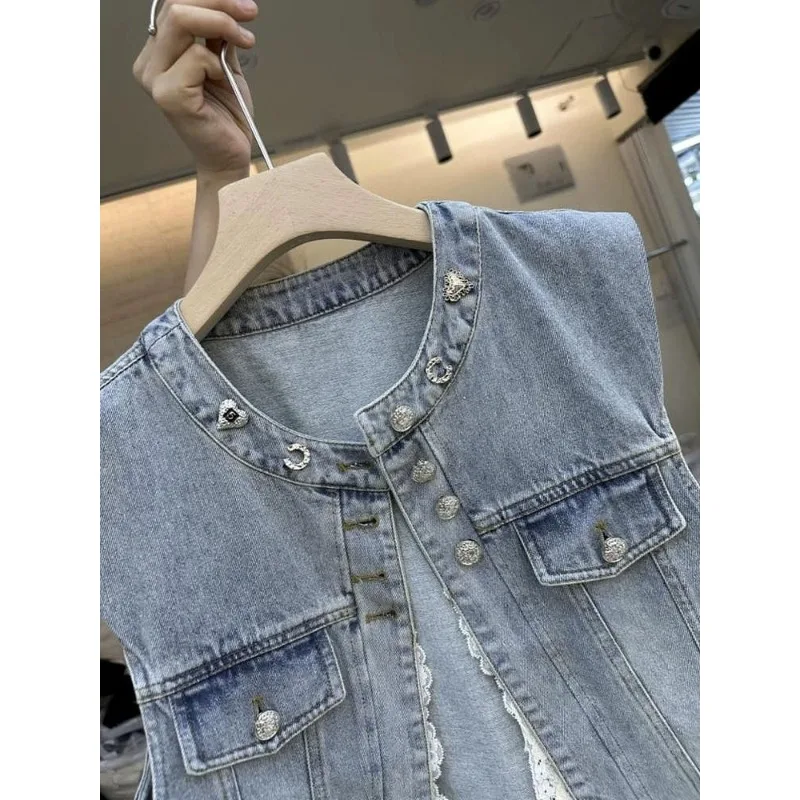 Women's Waistcoat Vest Spring New Letters Diamond Embroidery Round Neck Sleeveless Lace Patchwork Denim Coat Vest for Women