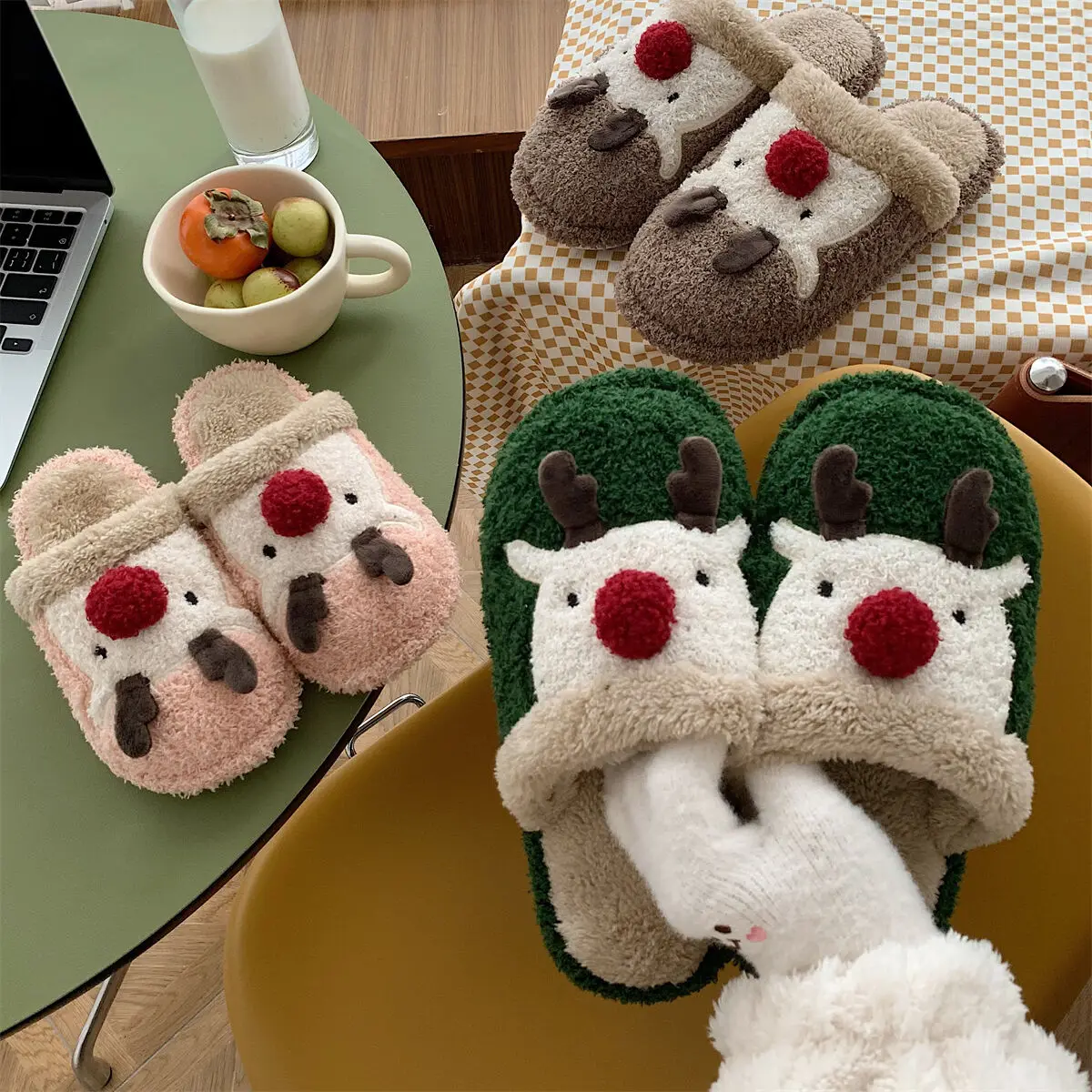 Plush Home Slippers For Men And Women 2023 Winter Creative Cute Christmas Elk Parent-child Cotton Slippers