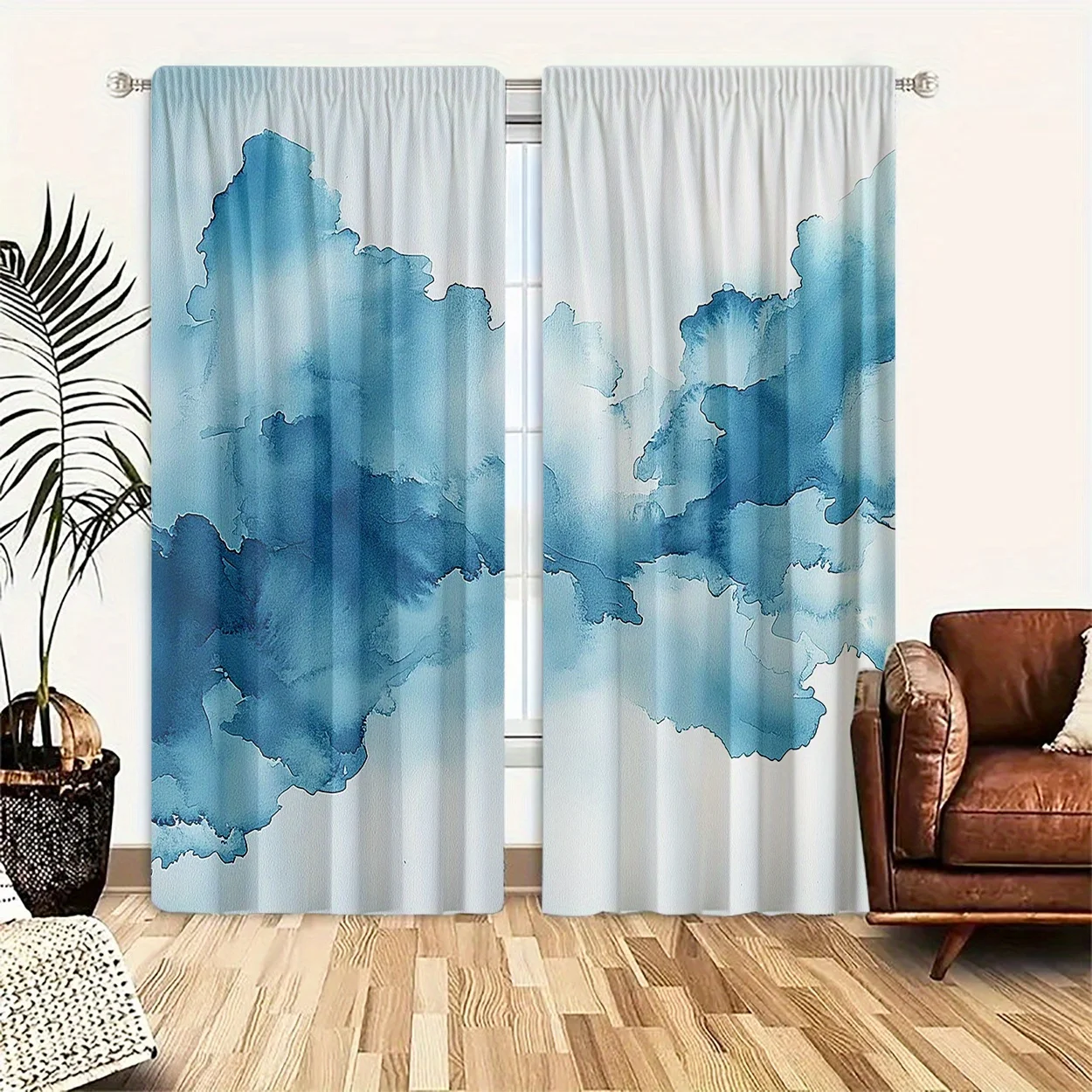 2pcs Art Deco Blue Ink Painting Print Light-Filtering Curtains, Polyester Peach Skin Velvet, Machine Washable, Fade Resistant,