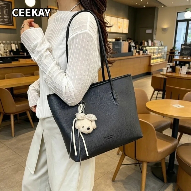 CEEKAY Solid Color Soft PU Carry Bag Simple Bear Pendant Lightweight Ladies School Shopping Portable Casual Large Handbag Purse