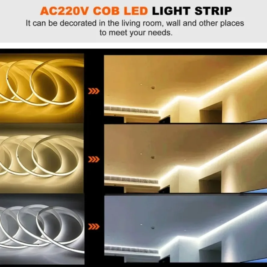 AC220V 240LEDs/M COB LED Strip Light Flexible Tape Lights Smart IC No Need Driver High Bright Linear Lighting RA95 Warm White