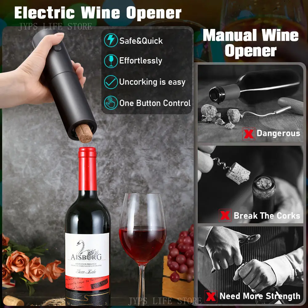 Electric Wine Opener With Foil Cutter Automatic Wine Corkscrew One-click Button Battery Can Opener For Home Party Bar Wine Lover