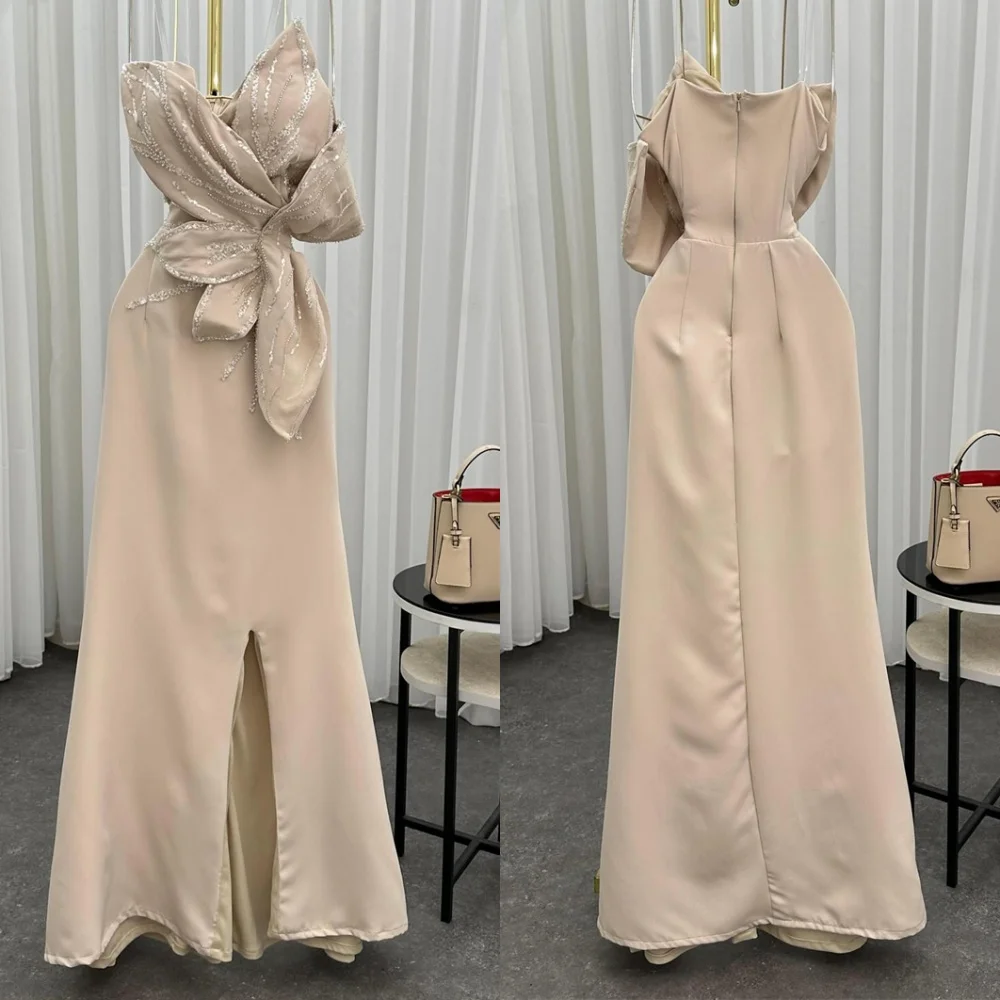

Customized Modern Ivory Jersey Evening Dress Classic Strapless Zipper Back Flowers Beading Mermaid Special Occasion Gowns