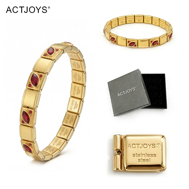 Actjoys Charm Bracelet Gold Stainless Steel Link Modular Bracelet Red Gemstone Jewelry for Women Expansion Y2K Aesthetic Chain