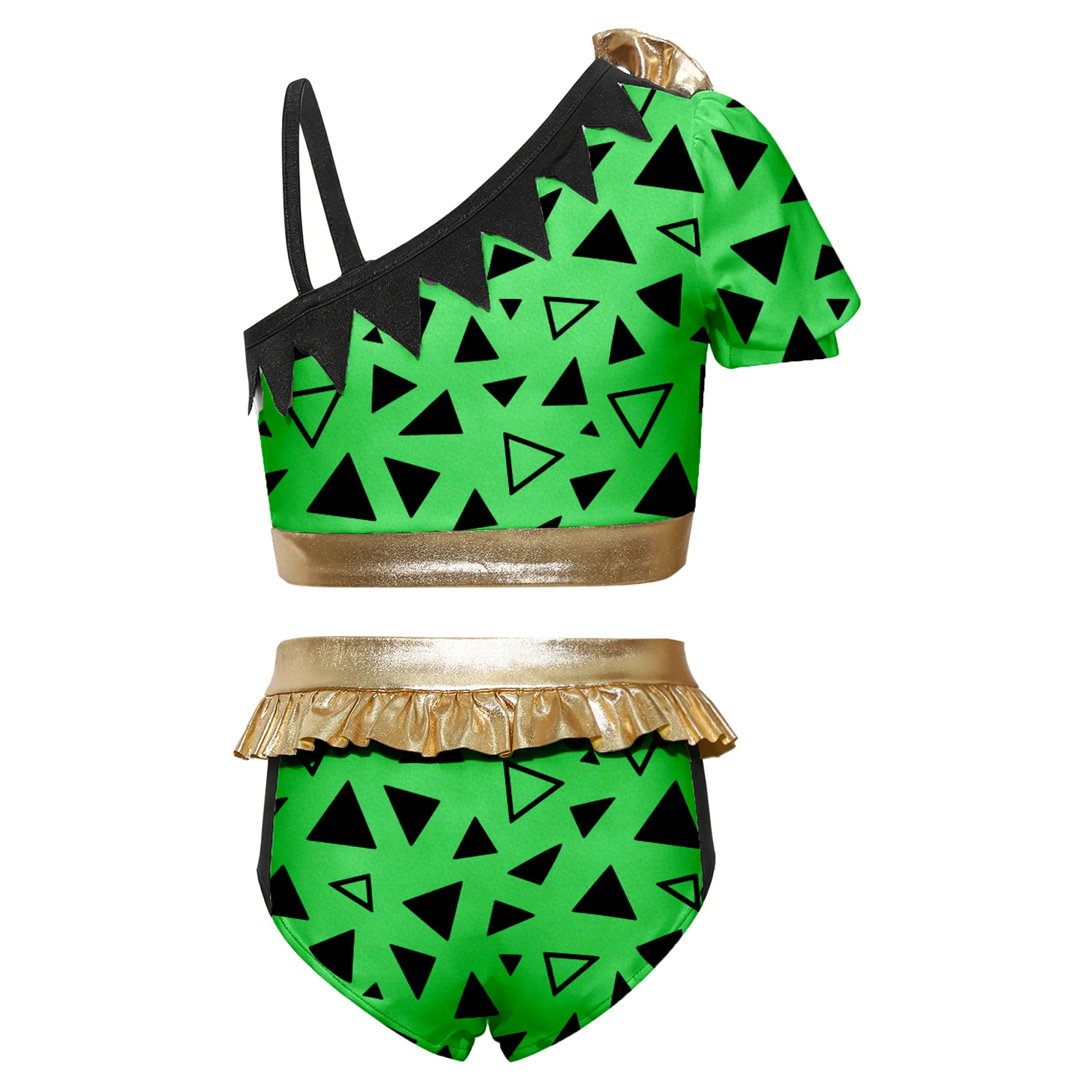 

Kids Swimsuit 2 Pcs Sets Leopard Printed Cave Costumes Girls Swimwear Bathing Suits Asymmetrical Sleeve Crop Top + Ruffle Briefs
