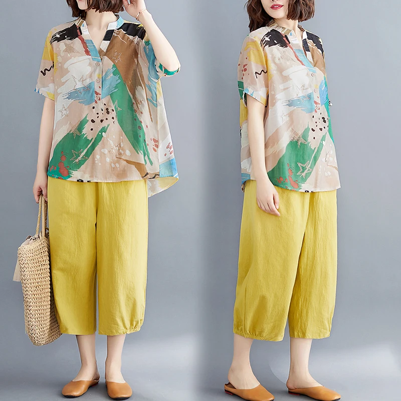 

Хлопково-льняной комплект из хлопка с абстрактным цветочным принтом ort Sve V-Ne, широкие брюки Seven-Quarter, свободный комплект Faion