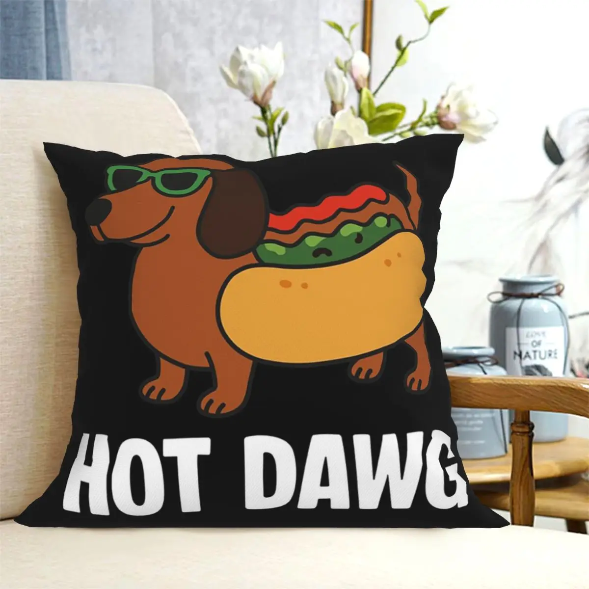 Humorous Hot Dog And Sausage Dog Square Pillowcase Cushion Cover Pillow Case Throw Pillow Cover for Home Bedroom Car
