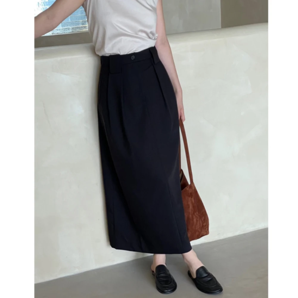 2023 Spring Simple  Worsted Wool Suit Side Slit Long A-line Black Skirt