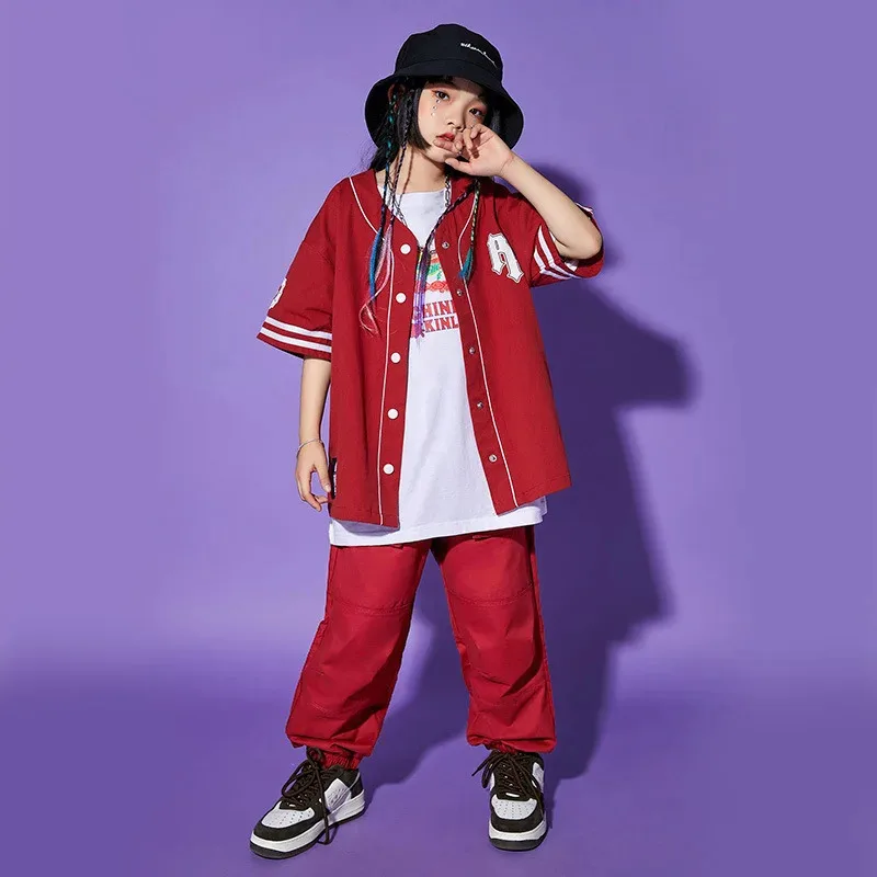 

COSda@Kids Hip Hop Costume Wine Red Shirt Streetwear Cargo Jogger Pants for Girls Boys Kpop Jazz Dance ClothesCOSda@