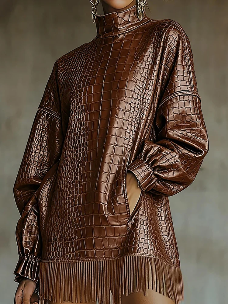 

Vintage Imitation Crocodile Women's Casual Pu Leather Mini Dress High Neck Long Sleeve Tassel Hem Dress Loose Streetwear Dresses