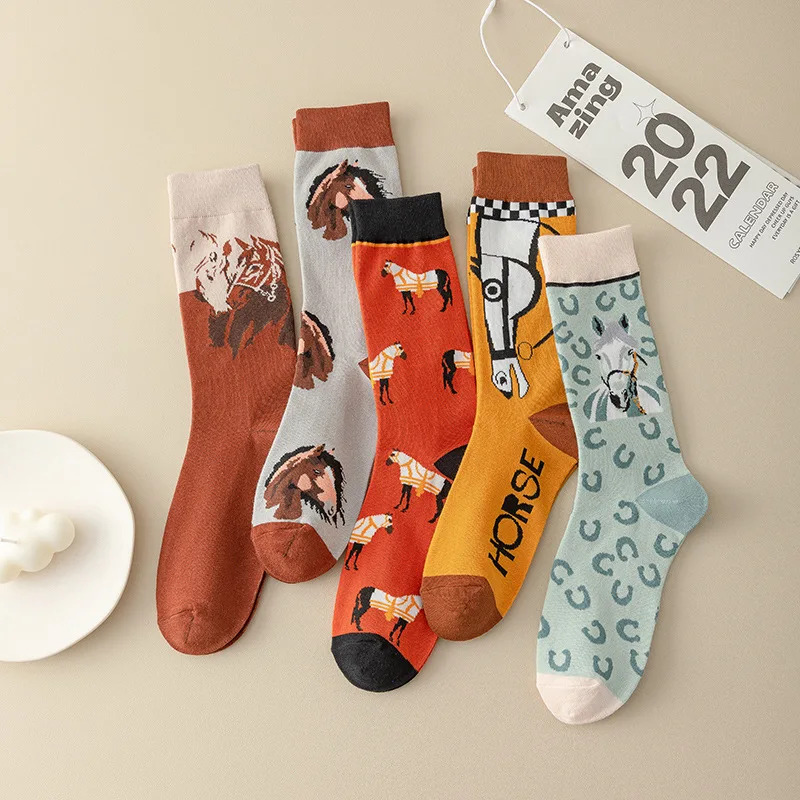 1 Pair Cotton New Fashion Elegant Art Orange Yellow Horse Lion Women Socks Long Female Girls Ethic Style Dress Sox Summer Gift