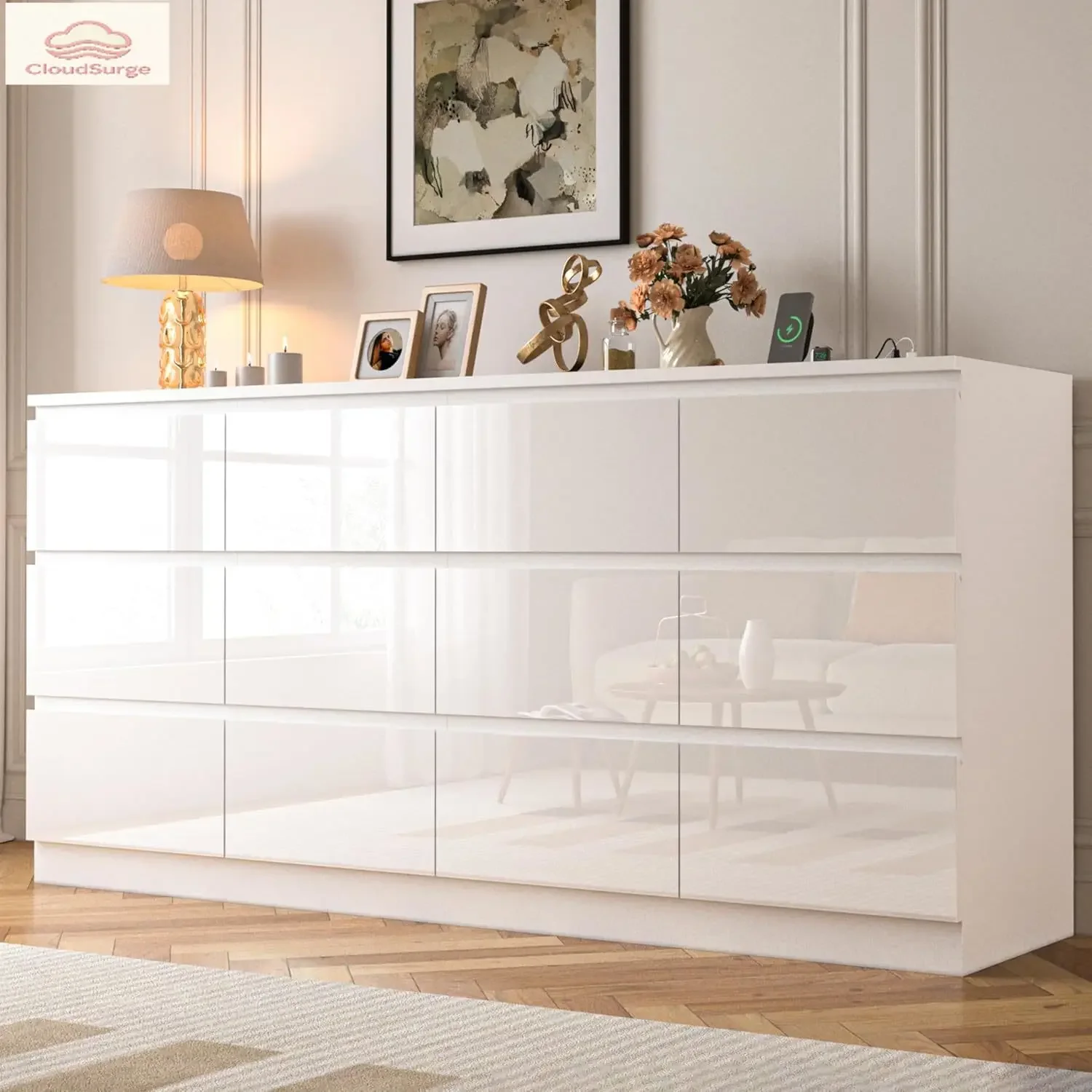 71.65 INCH 12 Drawers Dresser with Power Outlet, Wide High Gloss Chest of Drawers Large, Modern Storage Drawer Dresser