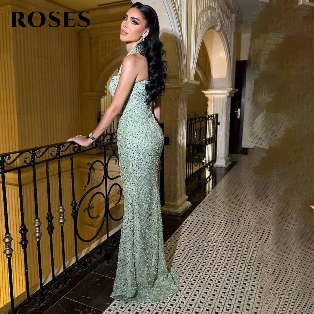 ROSES paillettes vert menthe robe de soirée licou paillettes robe de bal trompette sans manches robe de soirée de mariage robes de soirée personnalisées