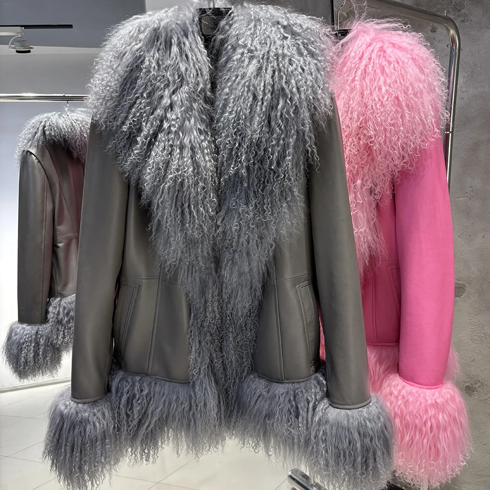 YOLOAgain Real Mongolia Sheep Fur Collar Real Leather Jacket Coat Women