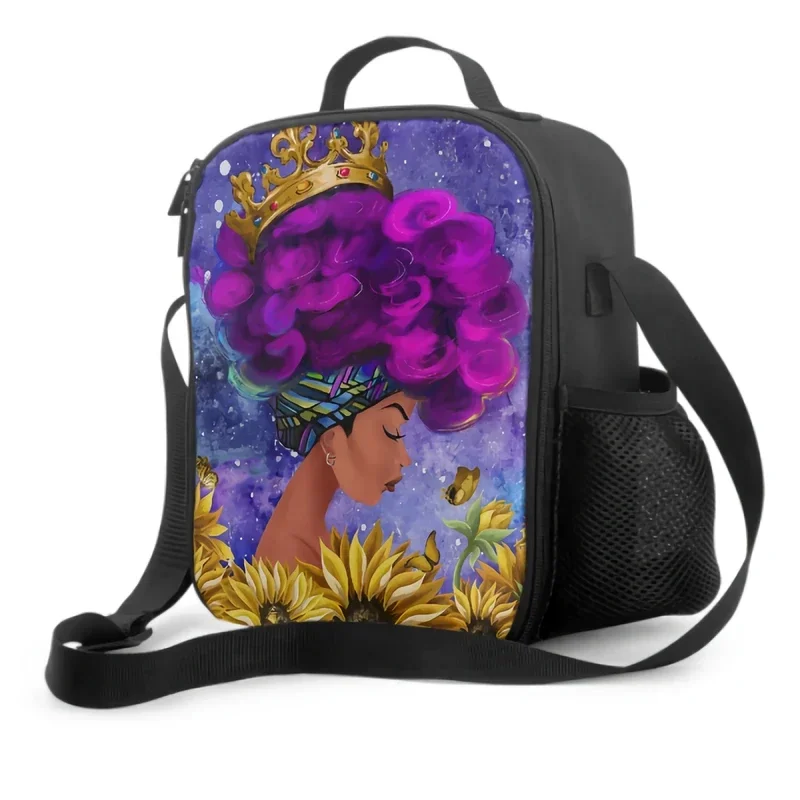 African American Women Queen With Hair Crown Insulated Thermal Lunch Bag for Women Girls Washable Tote Lunch Container