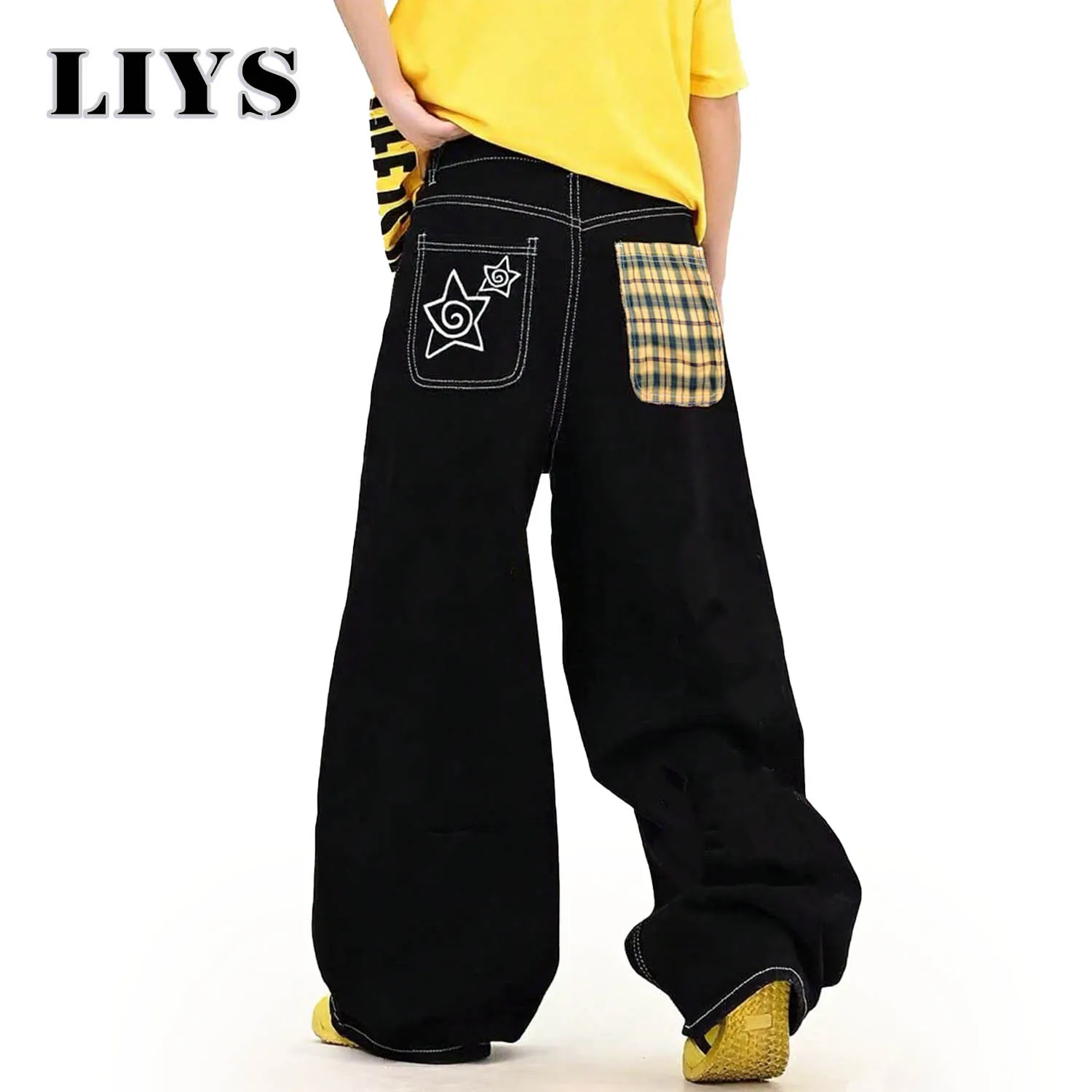 Clássico preto retro bordado solto perna larga jeans feminino xadrez retalhos baggy calças jeans unisex roupas jeans