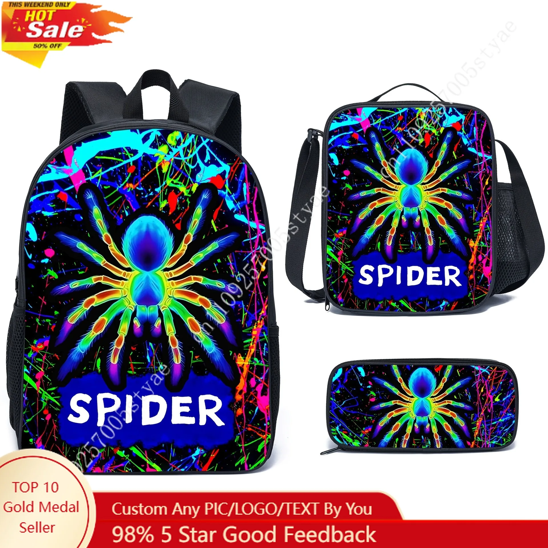 

Marvel Tie-Dye Spider Backpack 3 Set Large Capacity Backpacks Portable Bookbag Casual Bags Cosplay Schoolbag Lunch Bag Pencilbox