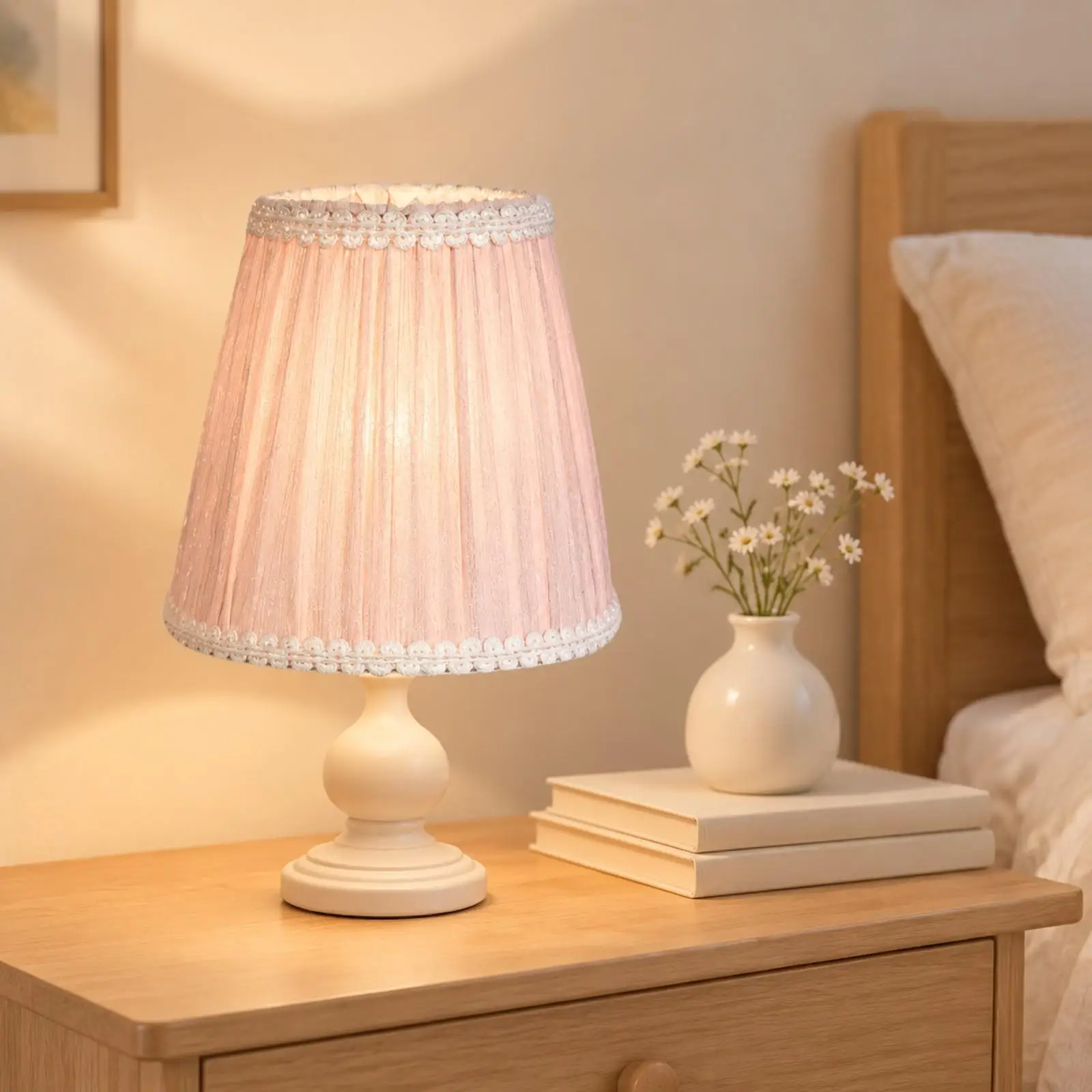 Fringe Tassel Lampshade Fabric Pleated for E27 Table Lamp Pendant Light Classic Tapered Shade with Decorative Border for Cozy