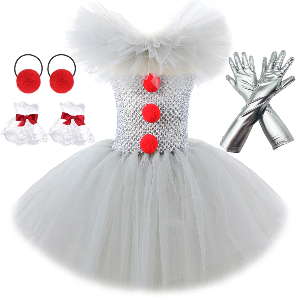 

Gray Clown Tutu Dress for Girls Carnival Halloween Costume for Kids Girl Joker Cosplay Tulle Outfit Children Party Scary Clothes