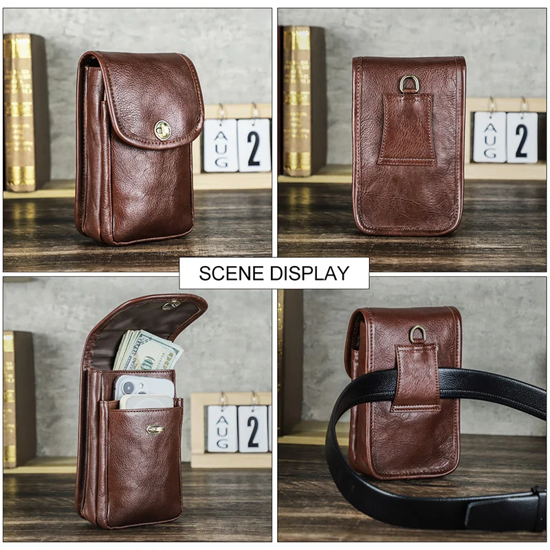 CONTACTS Full Grain Leather Men's Phone Belt Bag Easy Carry Bag Fashion Male Travel Sport Waist Wallets  Light Weight