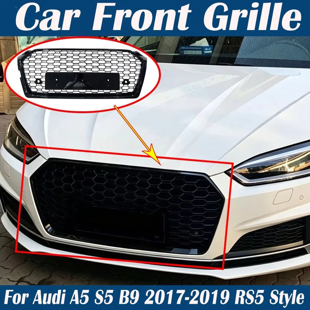 Car Front Bumper Grilles Hood for Audi A5 S5 B9 2017-2019 RS5 Style Radiator Mesh Grille Air Intake Grid Auto Accessories Tuning