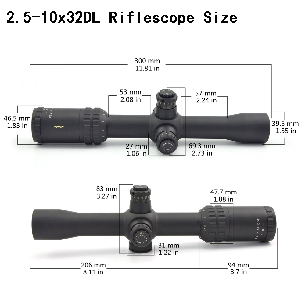 TOTEN Wide View 2.5-10x32 Hunting Riflescope Mil-dot Illuminated Ar15 Long Eye Relief Sniper Target Shooting Optical Sight .308