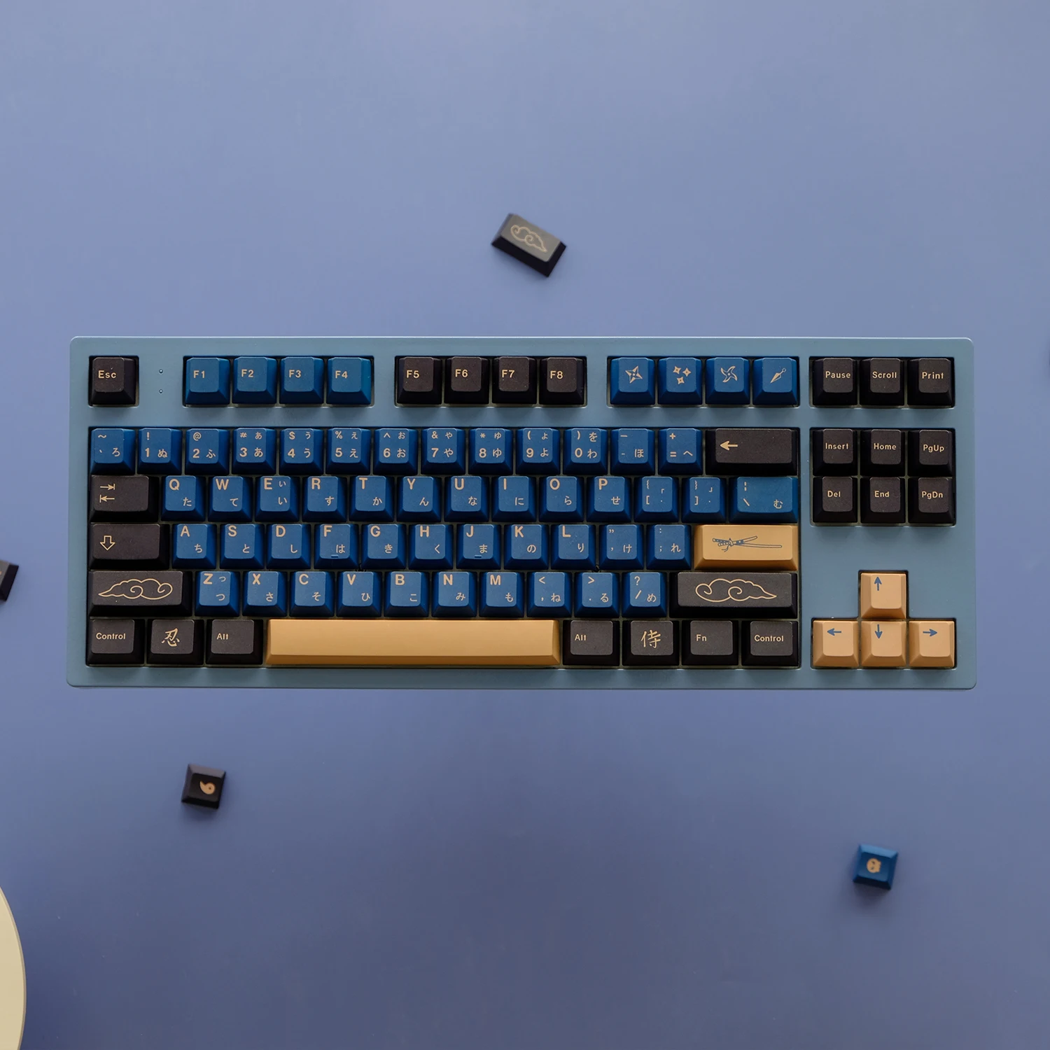 KYOMOT 128 Keys Blue Samurai Keycap PBT Dye Sub Cherry Profile Keycaps for MX Switch Custom 65%/75%/87% DIY Mechanical Keyboard