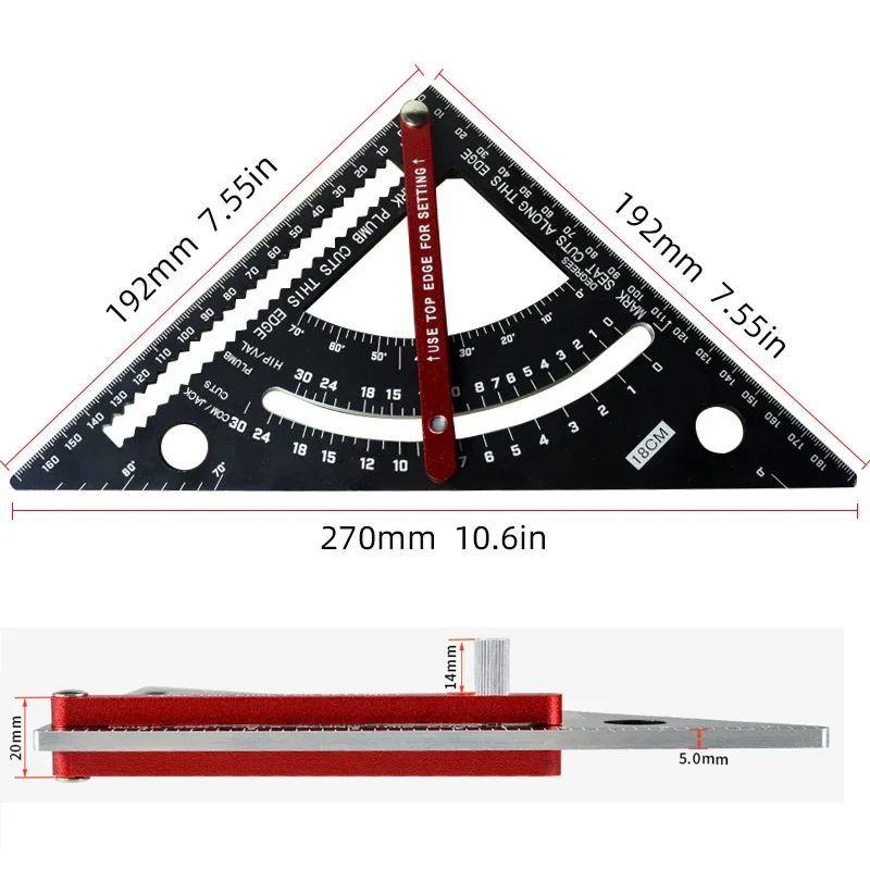 7Inch Triangle Ruler Square Measuring Ruler Inch Metric Angle Ruler Adjustable Layout Square Carpenter Tools Measurement Tool