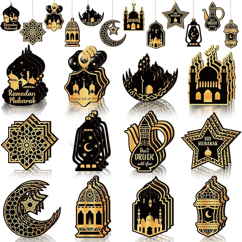 12 قطعة عيد مبارك خشبية معلقة الحلي رمضان كريم القمر دلاية شكل نجمة 2026 الإسلامية الشاش معلقة لوازم الحفلات