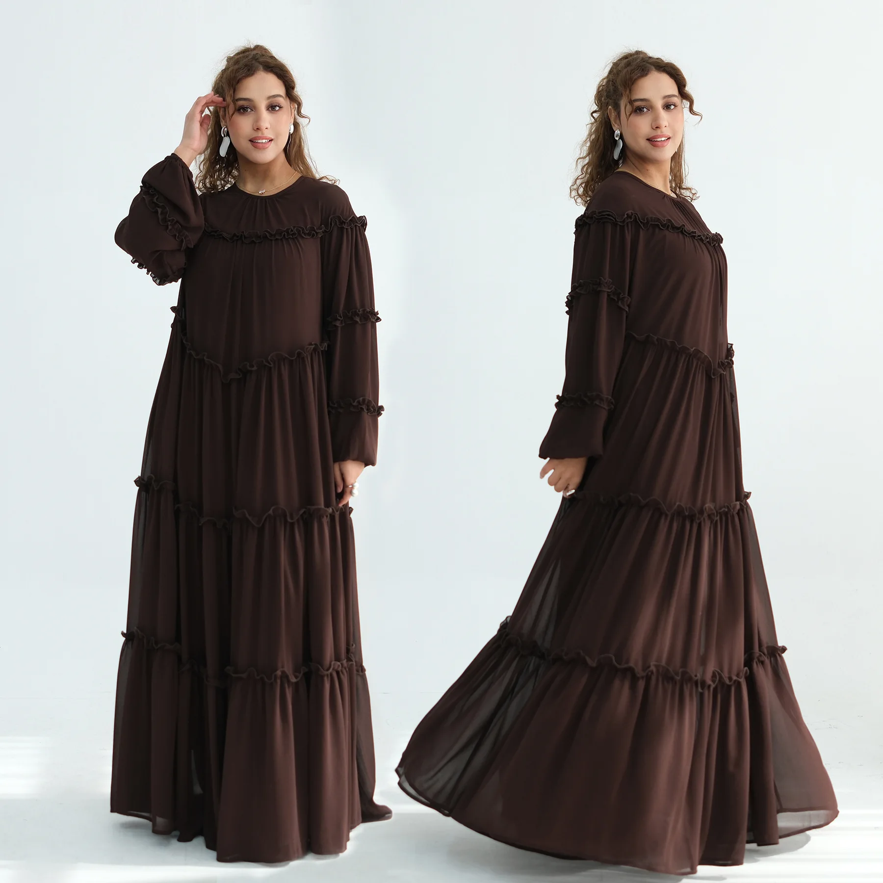 

Muslim Women's Ruffled Trim Tiered Maxi Dress Modest Lantern Sleeves Tied Waist Long Dresses Ramadan Islam Clothes Abaya Robe