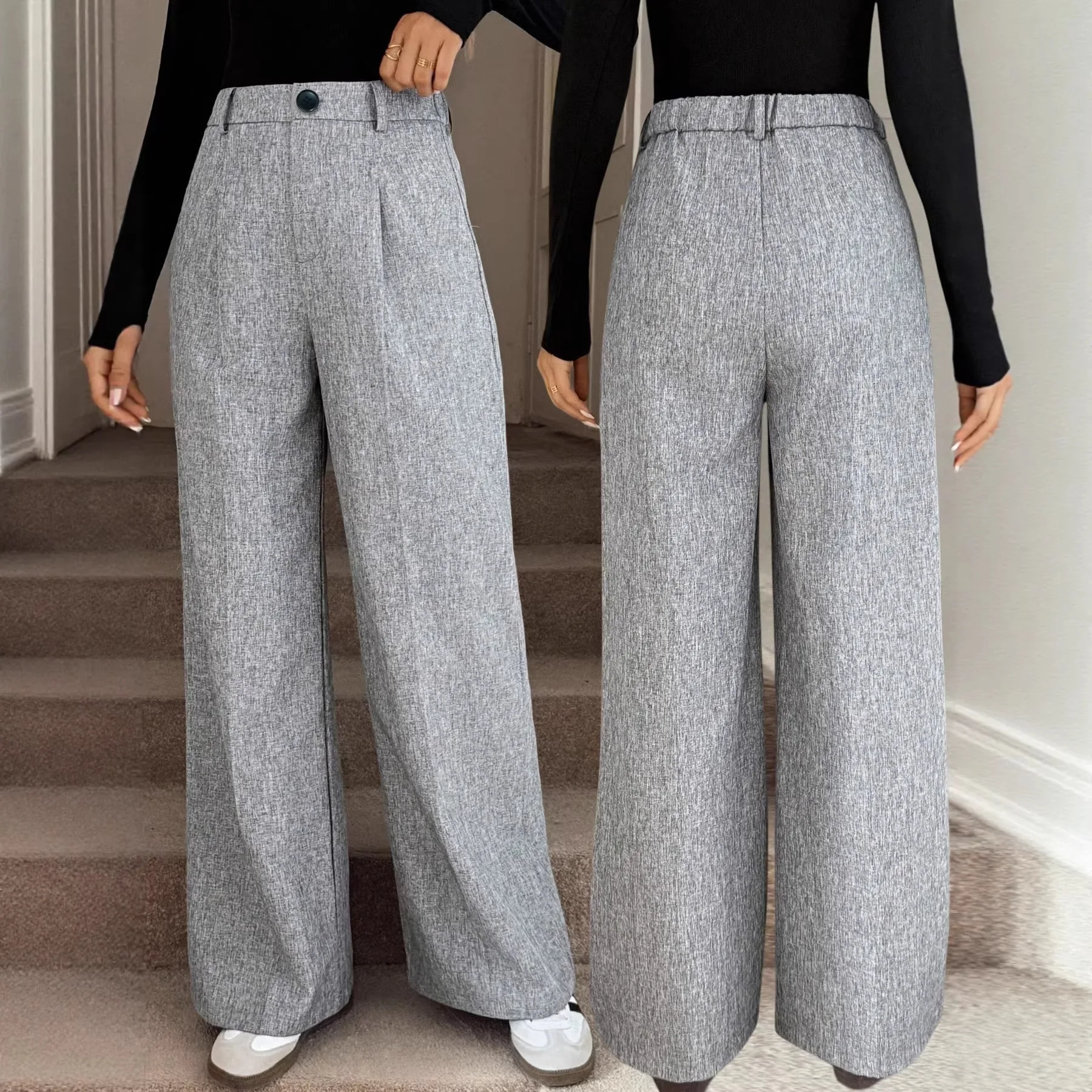Ladies New Fashionable Commuter Casual Temperament Gray High Waist Straight Pants