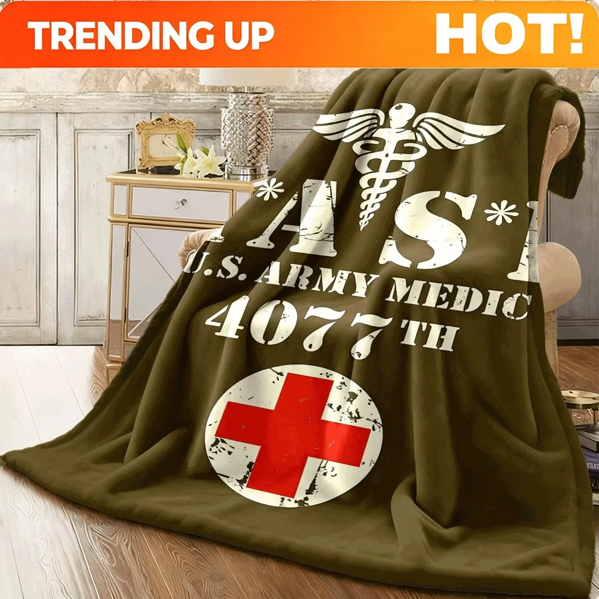 Customization 1pc Flannel Throw Blanket Vintage MASH U.S. Army Medic 4077Th Design With Caduceus And Red Cross Cozy All-Season S