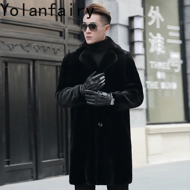 YOLANFAIRY 2025 High-end-Nürliche Nerz Pelzmantel Mann Kleidung Winter Mid-länge Luxus Echtpelz Jacke Nerz mäntel Anzug Kragen
