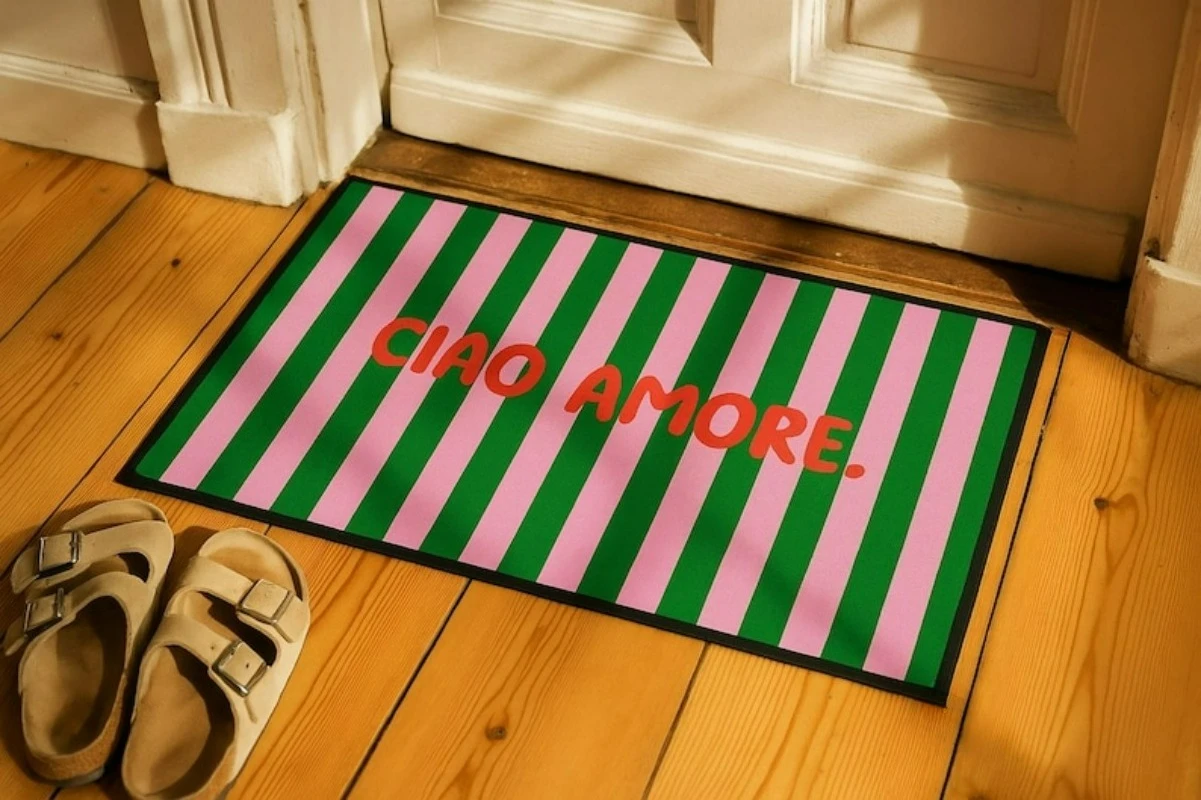 Alfombra de Entrada Romántica con Diseño Italiano 'Ciao Amore', Ideal para Porche, Cocina, Sala de Estar, Decoración para el Hogar