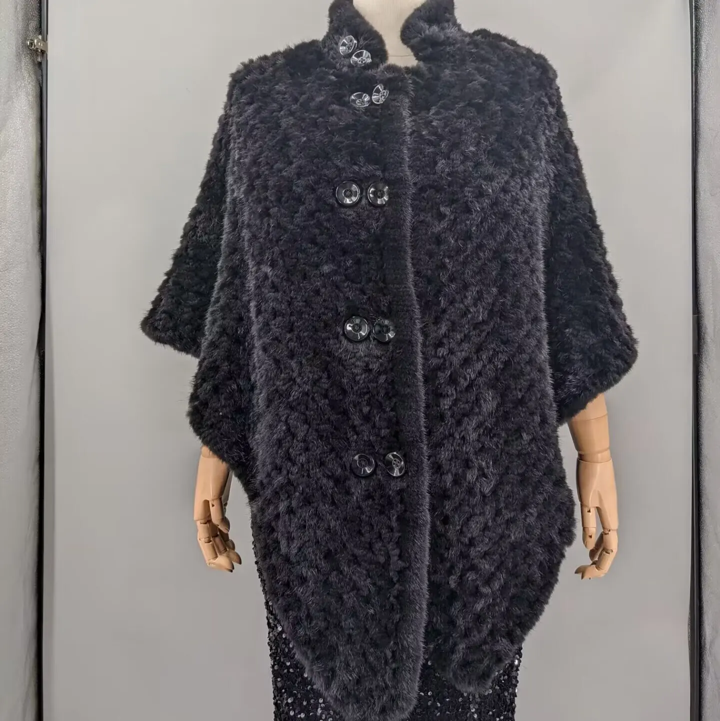 Real Mink Fur Knitted Shawl Women Black Luxury Fur Cape Wrap Fall Winter Outerwear 13001300