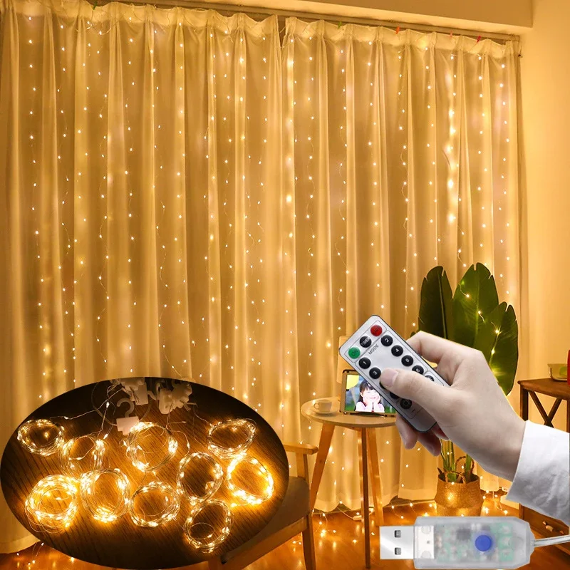 Lâmpada de cortina LED com controle remoto, luzes USB, branco quente, multicolorido, luz de fadas, guirlanda, quarto, casa, iluminação decorativa, 3m