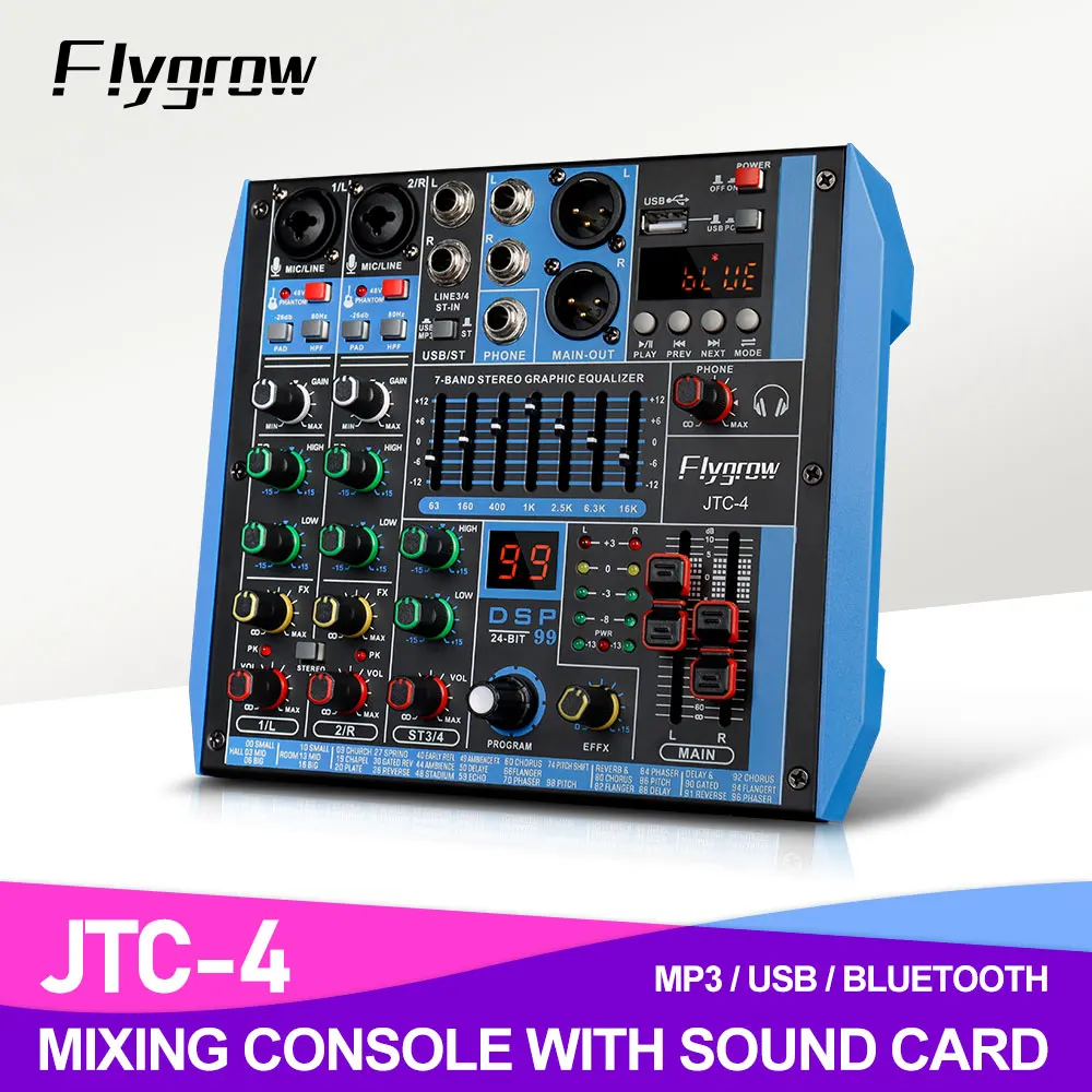 Audio Mixer Flygrow JTC 4/6 Channel Console 99 Effect 7 Equalization 48V Phantom Power for Musical Instruments,Live,Stage,Party