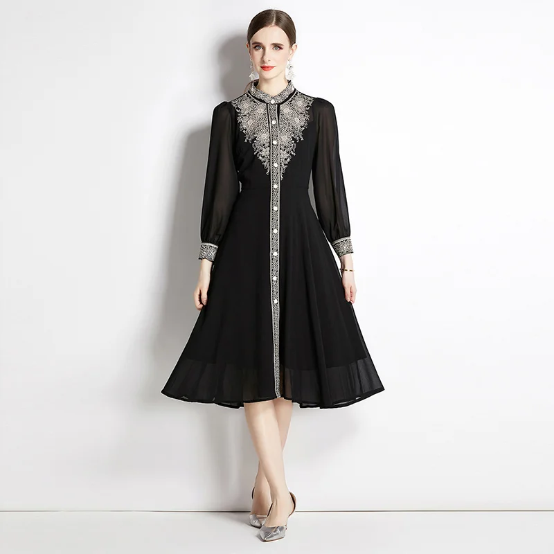 Luxury Women Lace Dress Black 2024 New Vintage Embroidery Long Sleeve Dresses