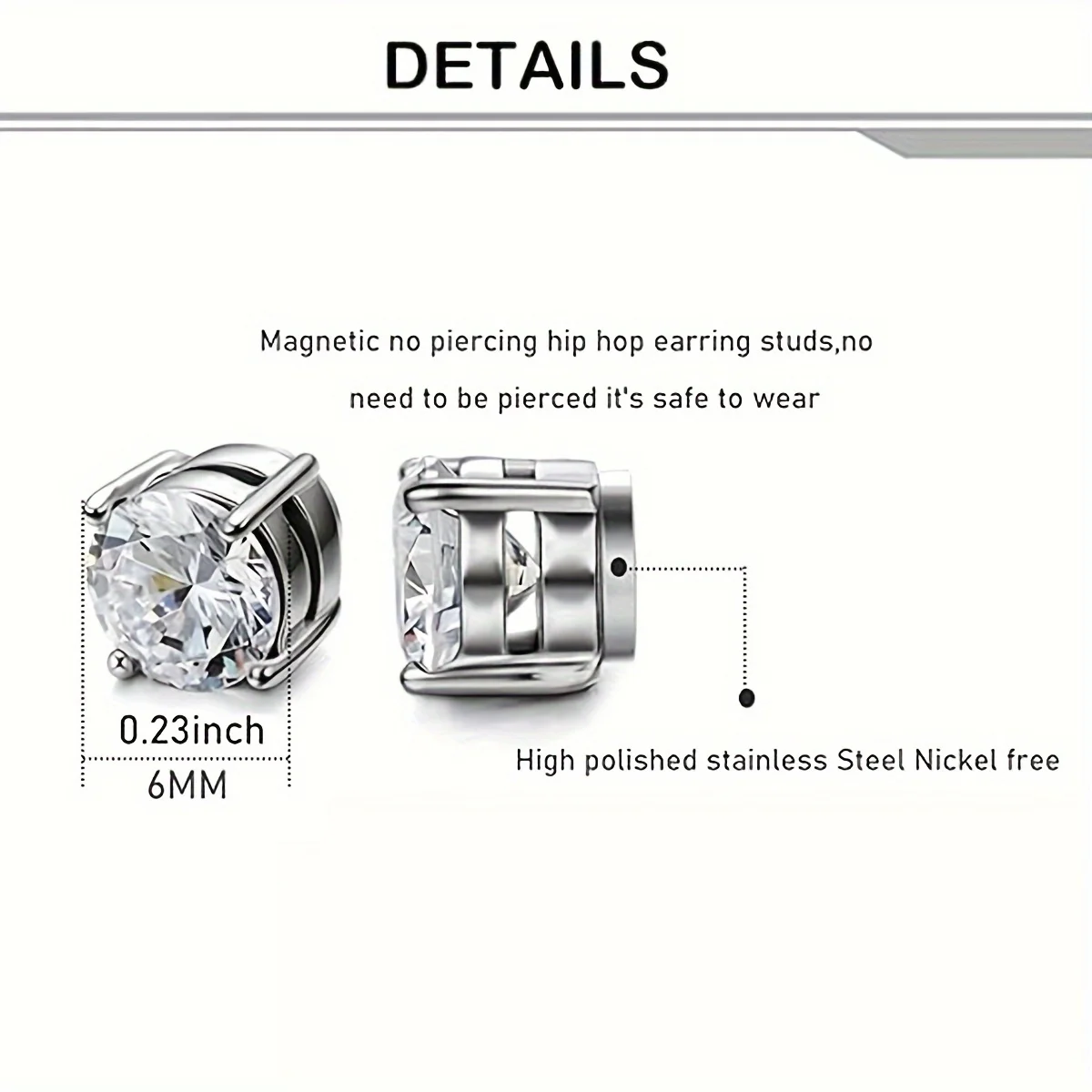 2-6pcs Stainless Steel 6mm Magnetic Stud Earrings For Men, Non-piercing Clip-on Earrings