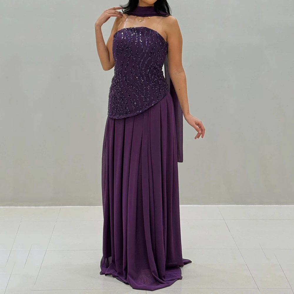 

Customized Purple A-line Evening Dresses Floor-length Strapless Sleeveless Prom Gown Fashion Sequined Simple Stole Party Dresses