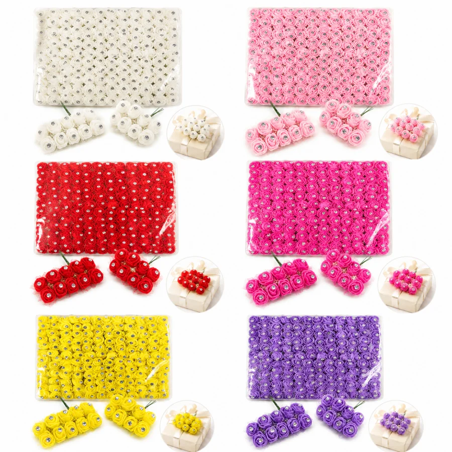144pcs Mini Artificial Flowers Head With Rhinestone Foam Teddy Bear Roses Bouquet For Wedding Home Decor Christmas Wreath Gifts