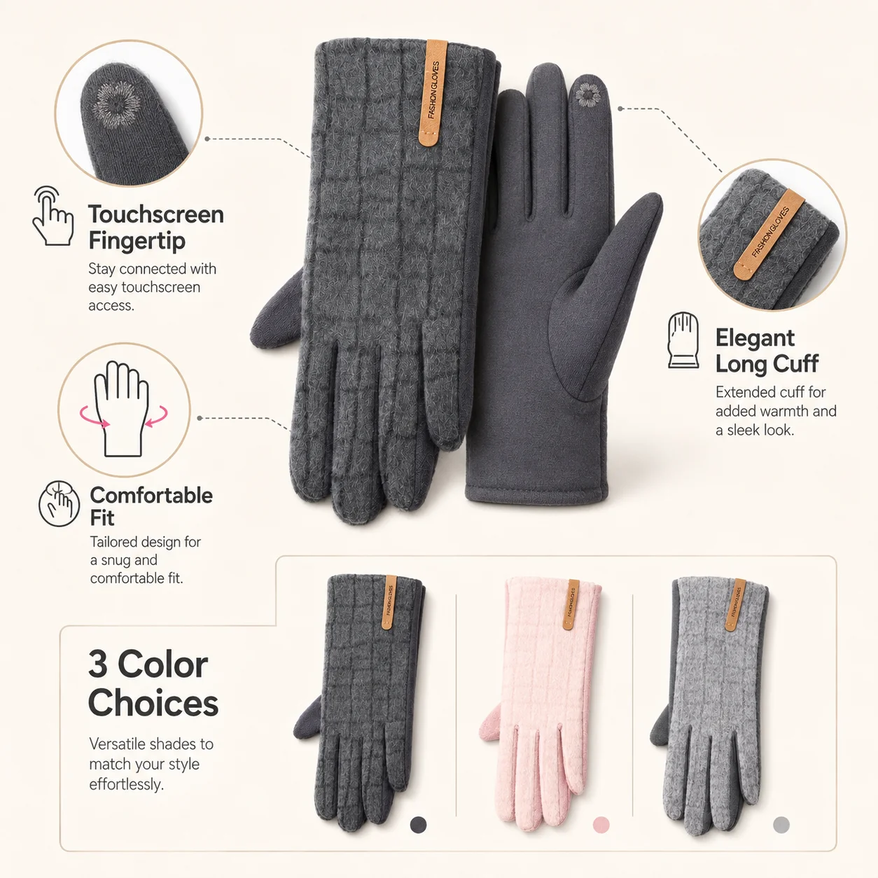 Women Plaid Cloth Labeled Five Fingers Gloves, Fashion Daily Warm Gloves